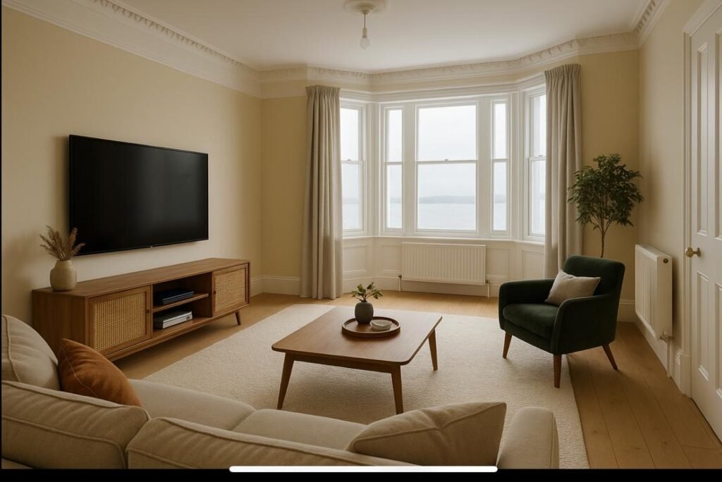 Living room in one of the upstairs apartments, with views of the sea loch and mountains opposite.